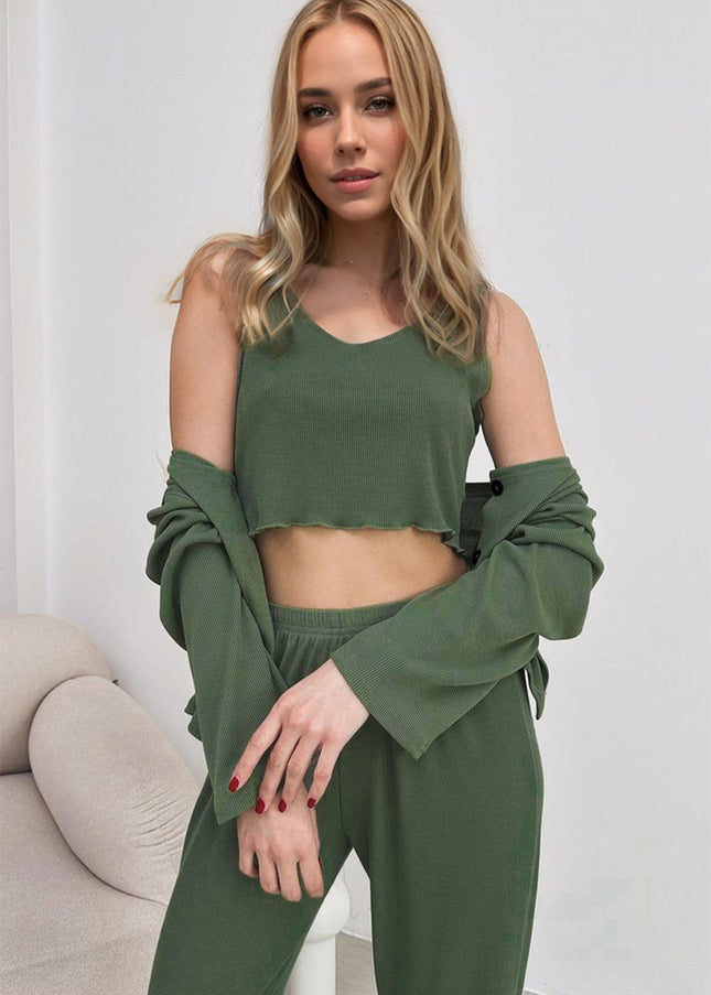 Basic Bae Buttery-Soft Round Neck Tank, Cardigan and Pants Set