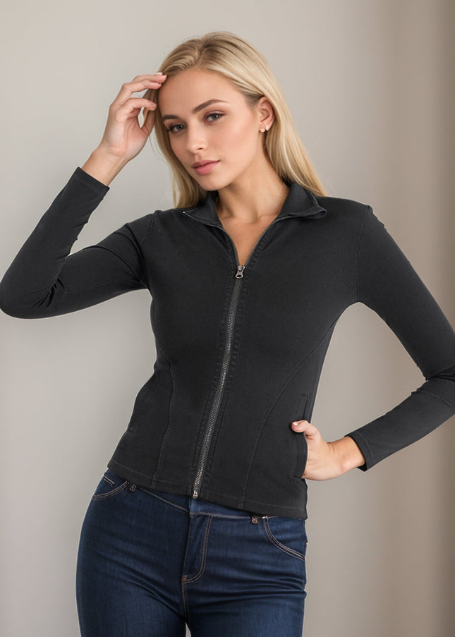 Basic Bae Pocketed Turtleneck Zip Up Denim Top