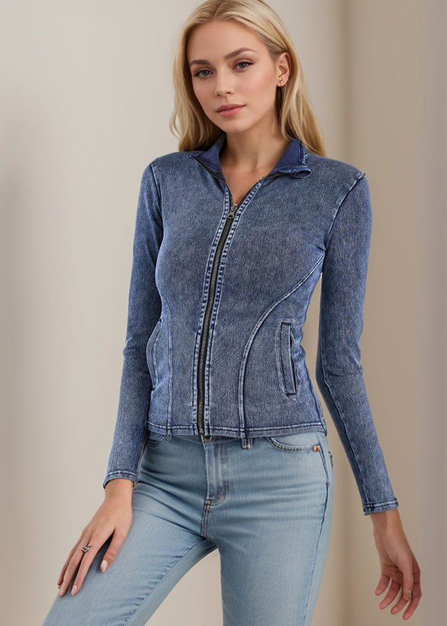 Basic Bae Pocketed Turtleneck Zip Up Denim Top