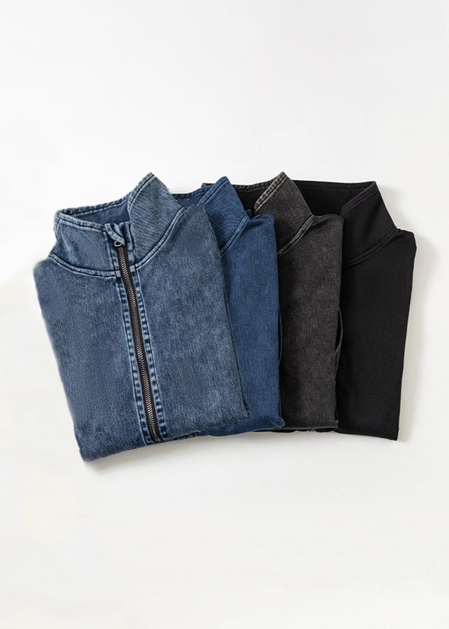 Basic Bae Pocketed Turtleneck Zip Up Denim Top