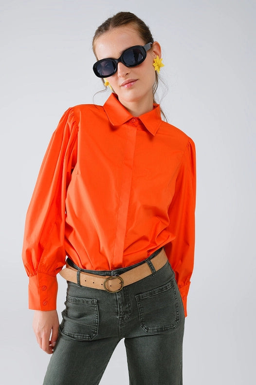 Basic Poplin Orange Shirt with Balloon Long Sleeves