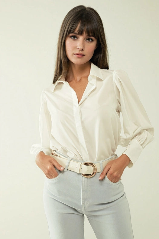 Basic Poplin White Shirt With Balloon Long Sleeves