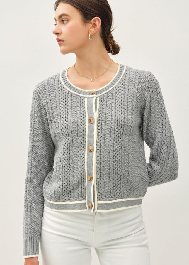 Be Cool Cable Knit Long Sleeve Contrast Edge Cardigan