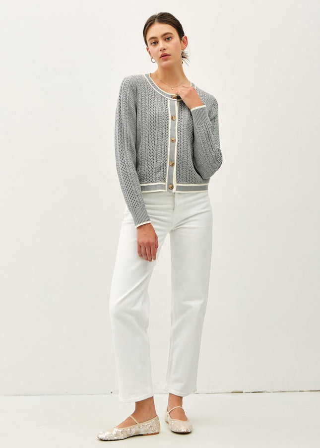 Be Cool Cable Knit Long Sleeve Contrast Edge Cardigan