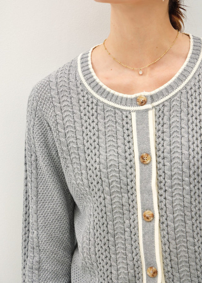 Be Cool Cable Knit Long Sleeve Contrast Edge Cardigan