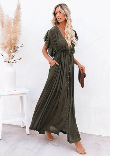 Beach Cover Up Slubbed Fabric Button Draw Waist Strap Maxi Dress Sun Protection Shirt