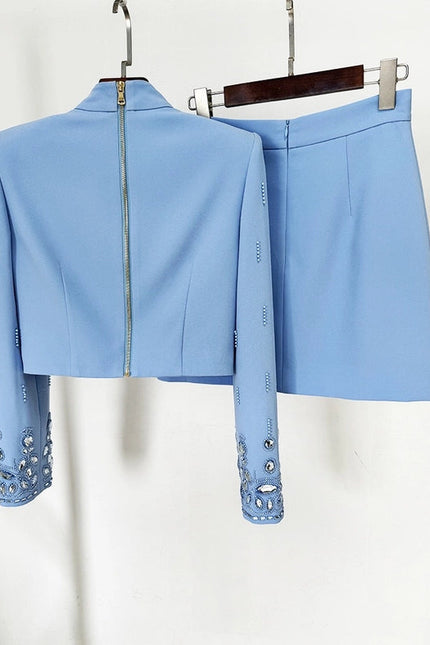 Beaded Biamond Cropped Top and Skirt Suit Blue