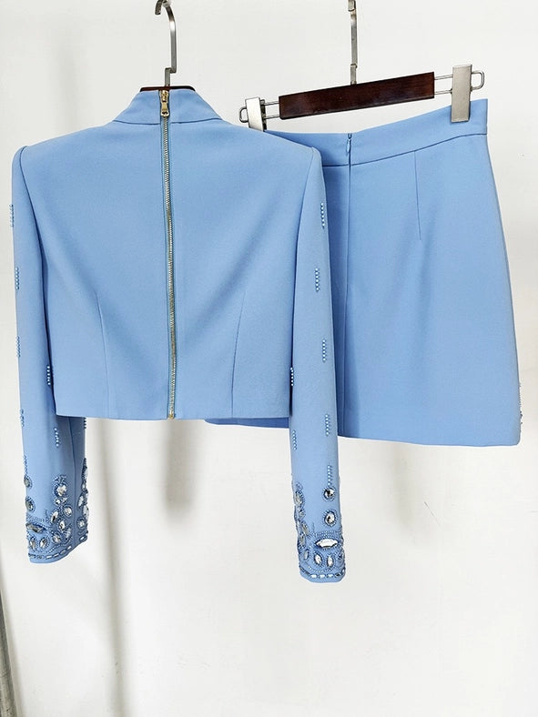 Beaded Biamond Cropped Top and Skirt Suit Blue