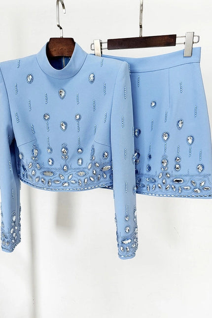 Beaded Biamond Cropped Top and Skirt Suit Blue