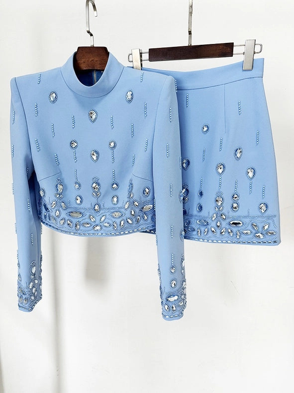 Beaded Biamond Cropped Top and Skirt Suit Blue