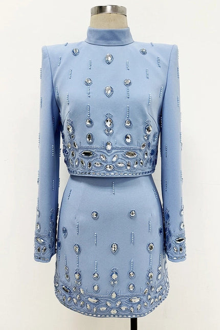 Beaded Biamond Cropped Top and Skirt Suit Blue