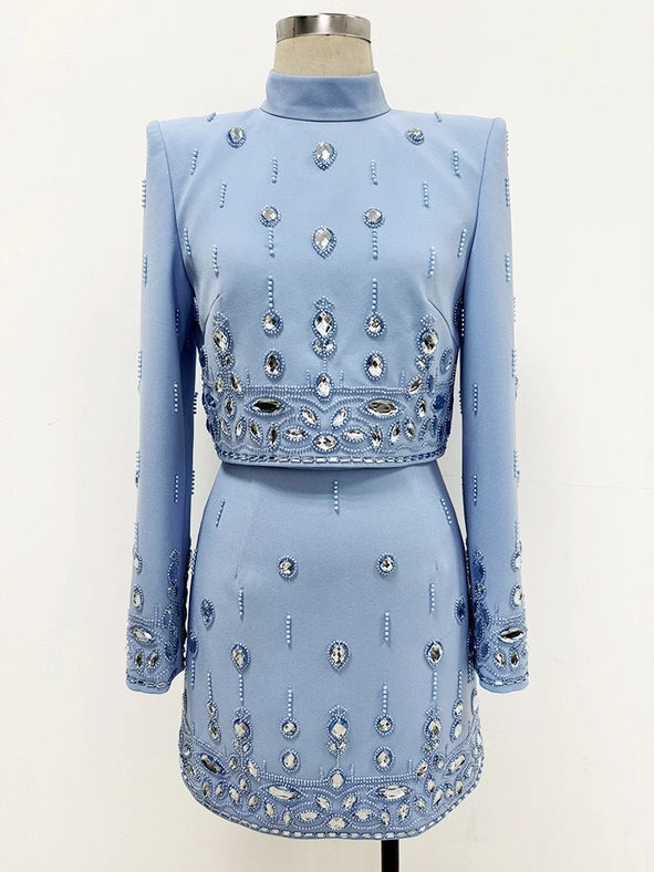 Beaded Biamond Cropped Top and Skirt Suit Blue