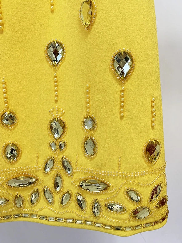 Beaded Biamond Cropped Top and Skirt Suit Yellow