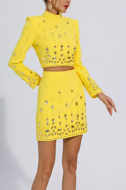 Beaded Biamond Cropped Top and Skirt Suit Yellow