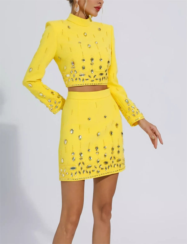 Beaded Biamond Cropped Top and Skirt Suit Yellow