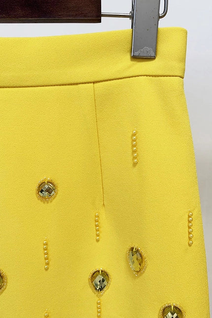 Beaded Biamond Cropped Top and Skirt Suit Yellow