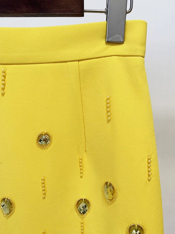 Beaded Biamond Cropped Top and Skirt Suit Yellow