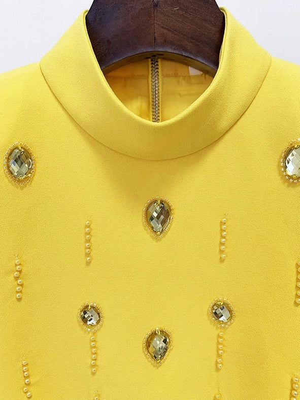 Beaded Biamond Cropped Top and Skirt Suit Yellow