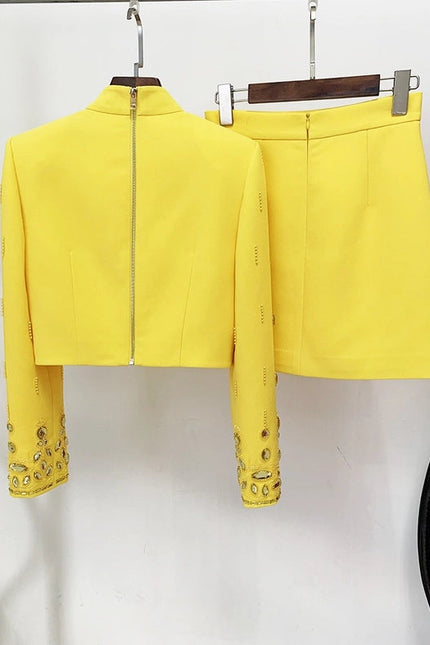 Beaded Biamond Cropped Top and Skirt Suit Yellow