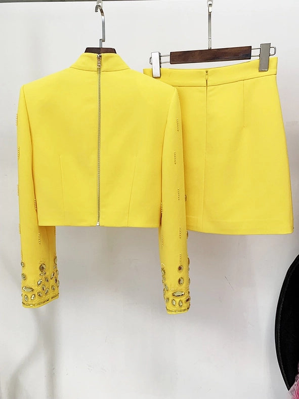 Beaded Biamond Cropped Top and Skirt Suit Yellow