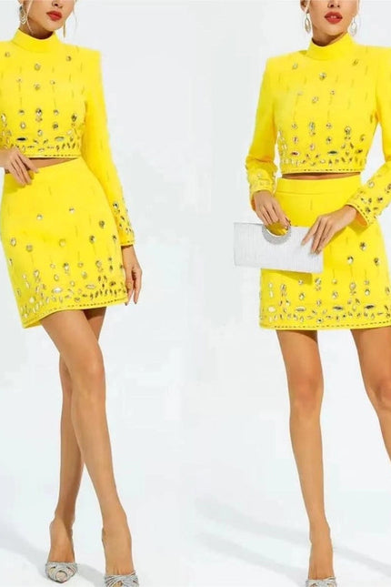 Beaded Biamond Cropped Top and Skirt Suit Yellow