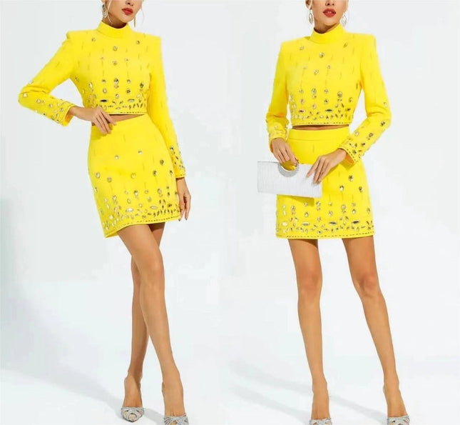 Beaded Biamond Cropped Top and Skirt Suit Yellow