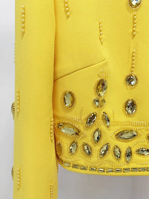 Beaded Biamond Cropped Top and Skirt Suit Yellow