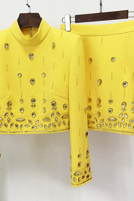 Beaded Biamond Cropped Top and Skirt Suit Yellow