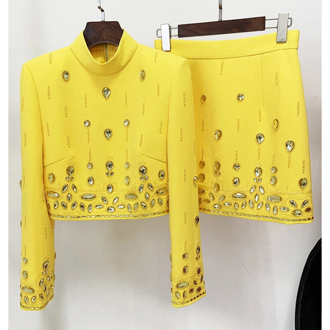 Beaded Biamond Cropped Top and Skirt Suit Yellow