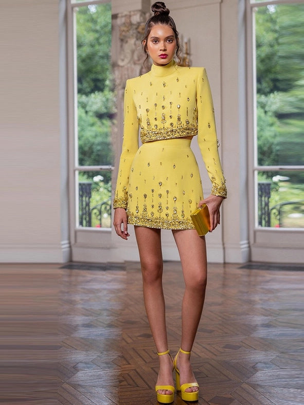 Beaded Biamond Cropped Top and Skirt Suit Yellow