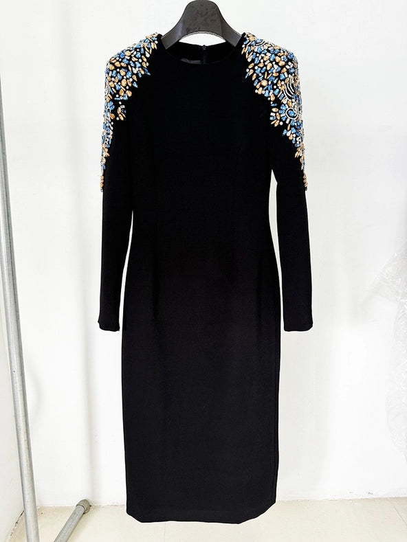 Beaded Elegance: Long Sleeve Mid-Length Dress