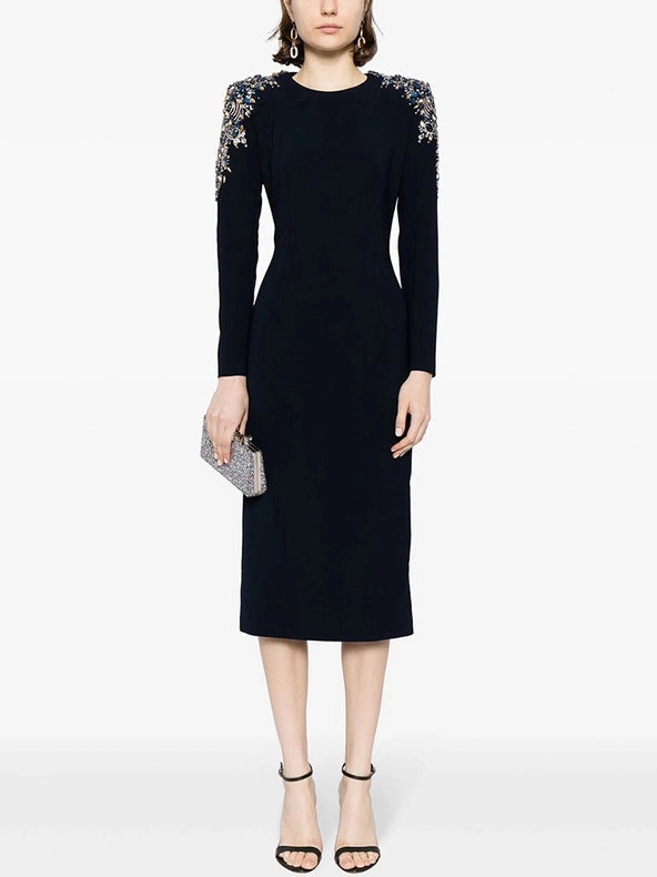 Beaded Elegance: Long Sleeve Mid-Length Dress