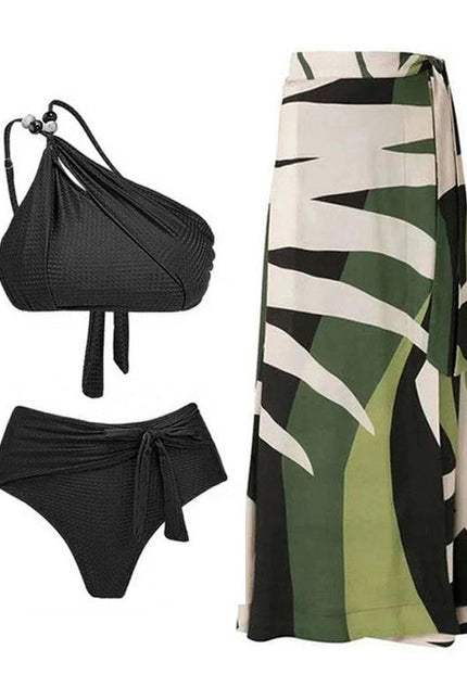 Beads 2PCS Bikini Set with Leaves Print Cover Y305 Black