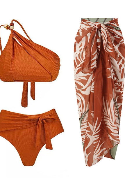 Beads 2PCS Bikini Set with Leaves Print Cover Y305 Coffee