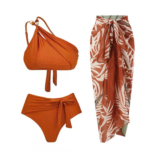 Beads 2PCS Bikini Set with Leaves Print Cover Y305 Coffee