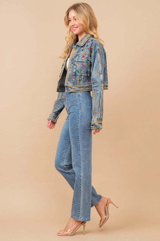 Bear Embroidered Jewel And Metal Denim Jacket