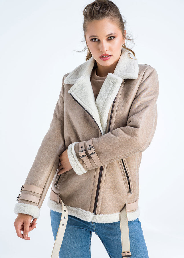 Beige Biker Bomber Sheepskin Jacket with Cream Shearling Fur-0