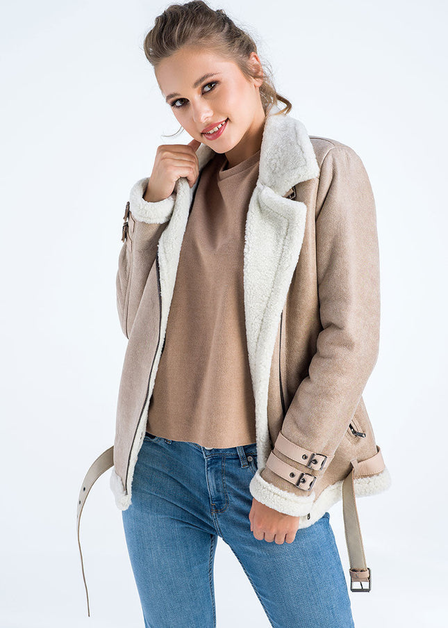 Beige Biker Bomber Sheepskin Jacket with Cream Shearling Fur-2