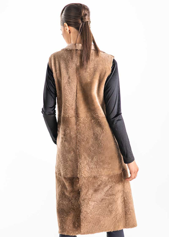 Beige Double Face Geniune Nappa Lamb Leather Mouton Long Fur Vest-1