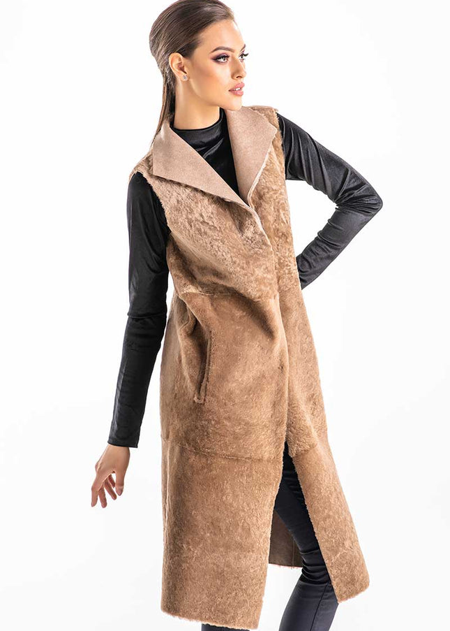 Beige Double Face Geniune Nappa Lamb Leather Mouton Long Fur Vest-2