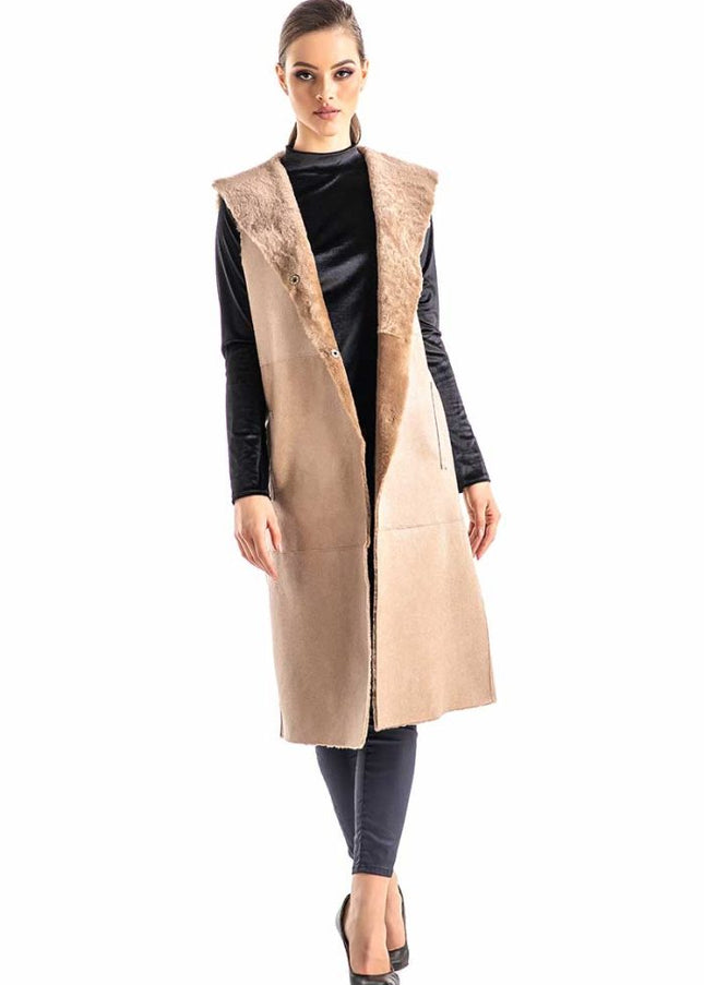 Beige Double Face Geniune Nappa Lamb Leather Mouton Long Fur Vest-3