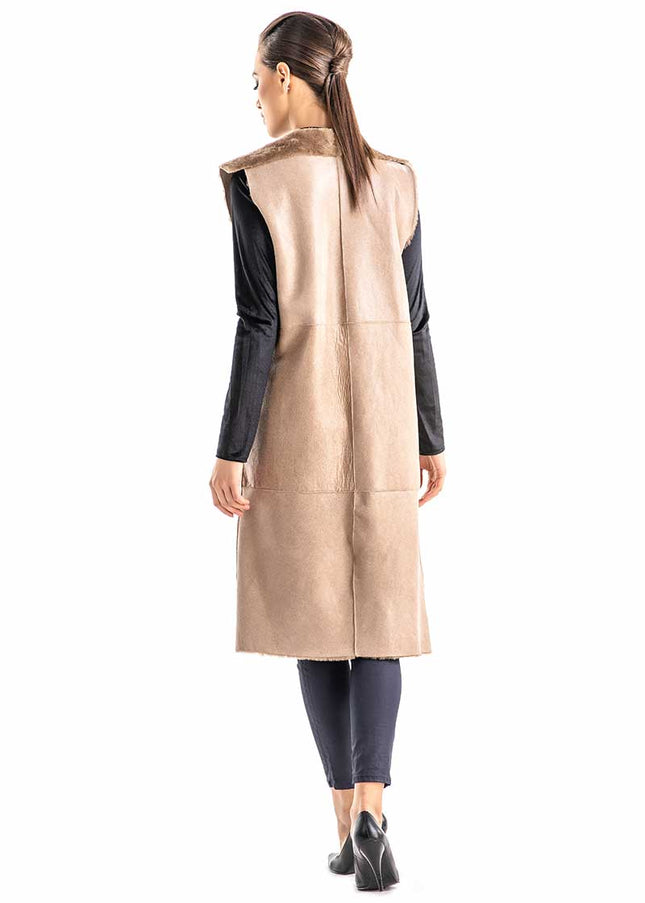 Beige Double Face Geniune Nappa Lamb Leather Mouton Long Fur Vest-4