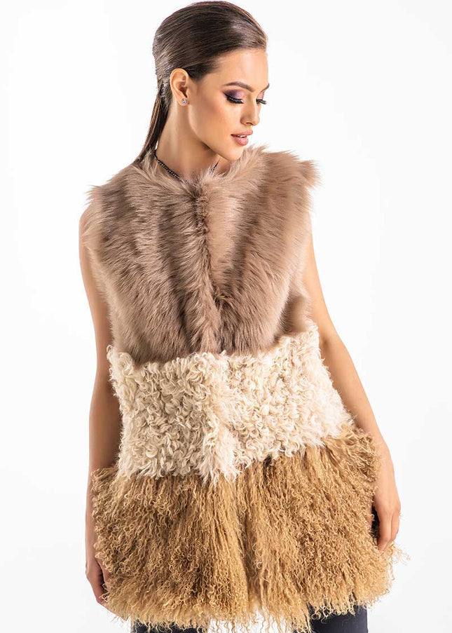 Beige Geniune Sheepskin Fur Vest-0