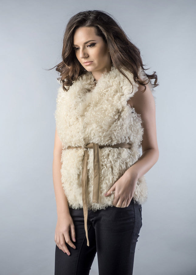 Beige Genuine Merino Shearling Vest-0