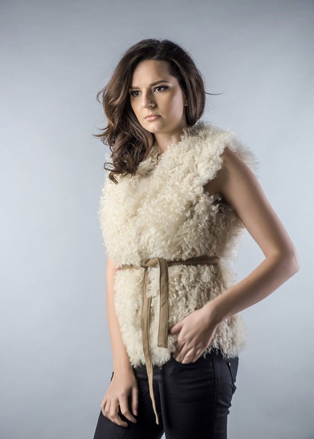 Beige Genuine Merino Shearling Vest-2