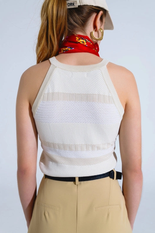 Beige Halter Tank Top With Stripe Design In Different Knits