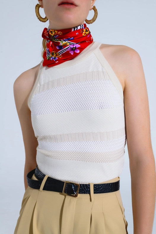 Beige Halter Tank Top With Stripe Design In Different Knits