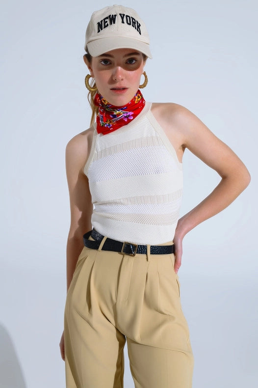 Beige Halter Tank Top With Stripe Design In Different Knits