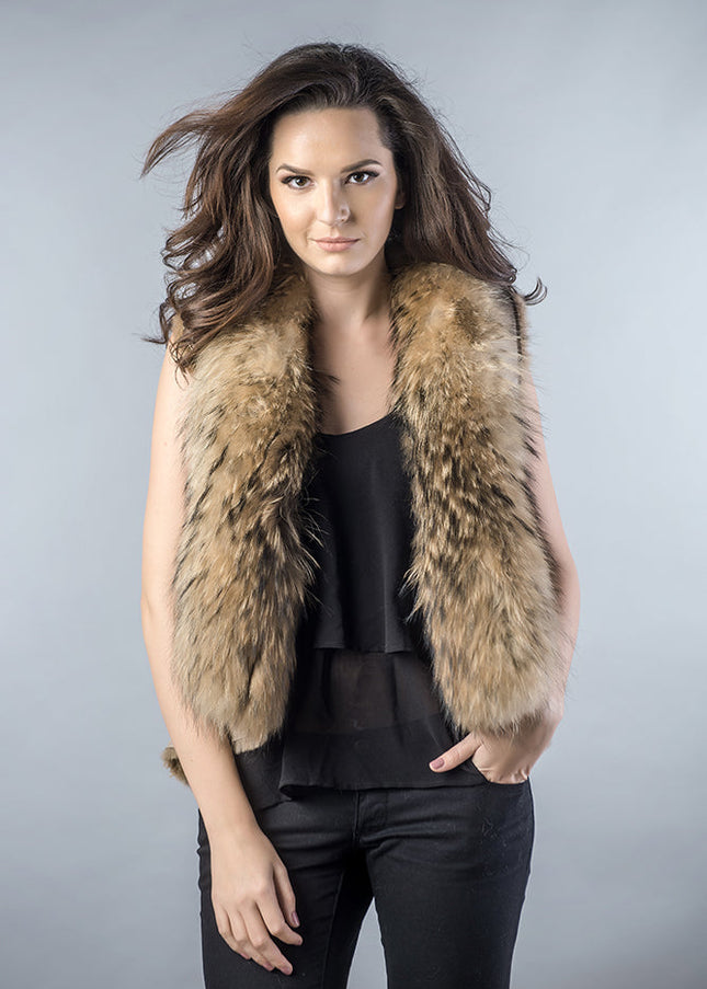 Beige Lamb Nappa Leather Vest with Raccoon Fur Detailing-0