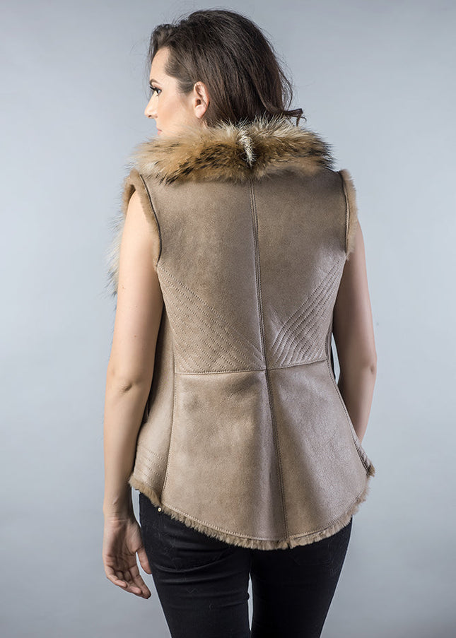 Beige Lamb Nappa Leather Vest with Raccoon Fur Detailing-1